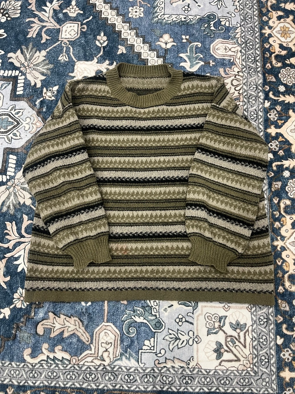 Woman’s Warm Olive Green Striped Crewneck Sweater